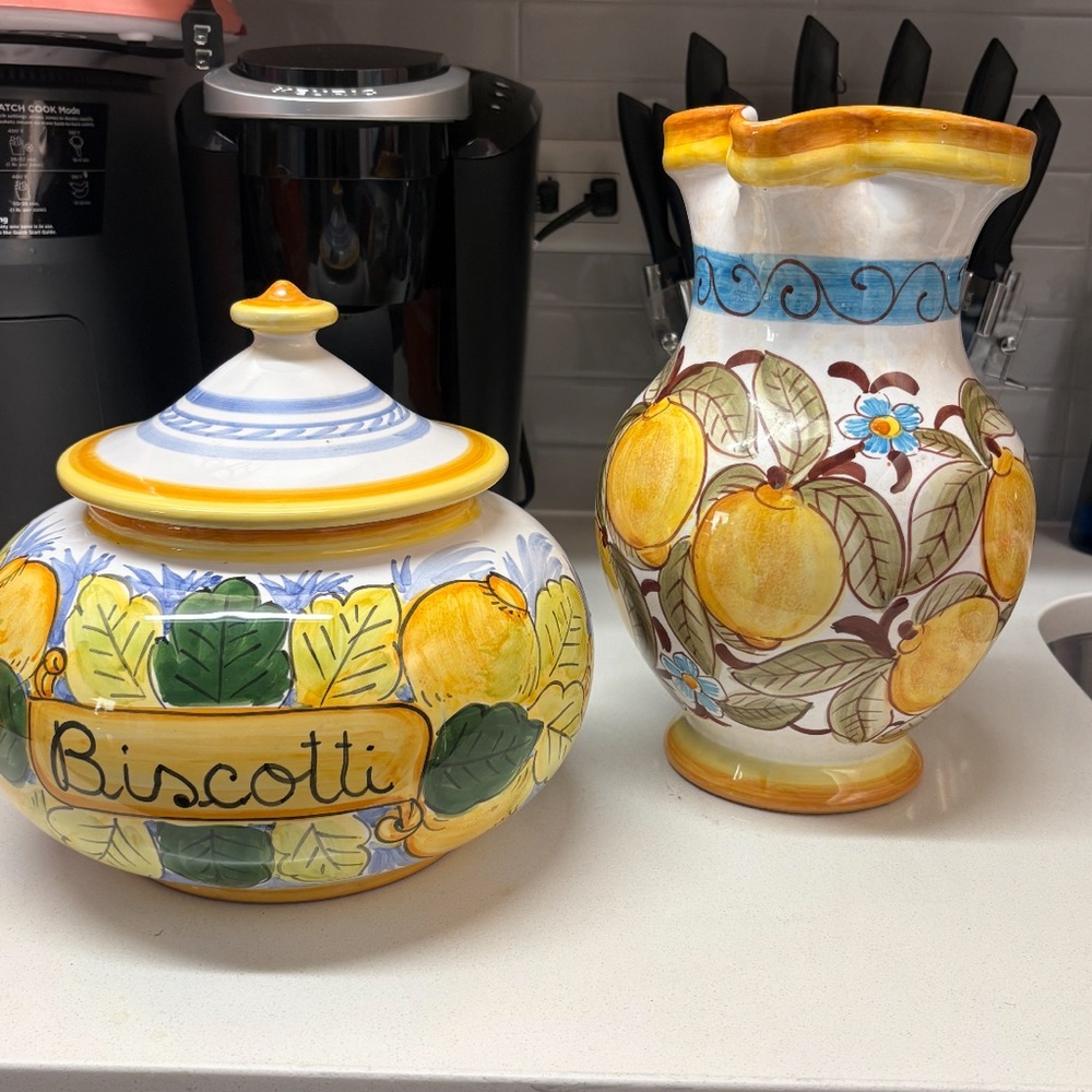 Lemon Themed Ceramic Biscotti Jar and Vase